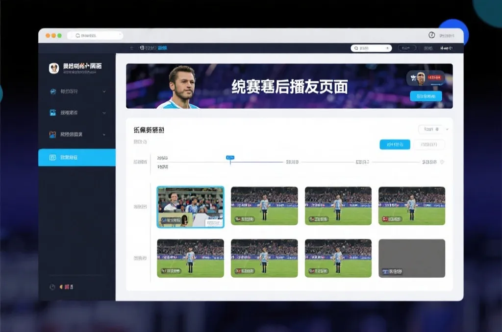 比赛结束后，电视屏幕展示集锦回放页面，旁边有时间轴和多角度切换提示